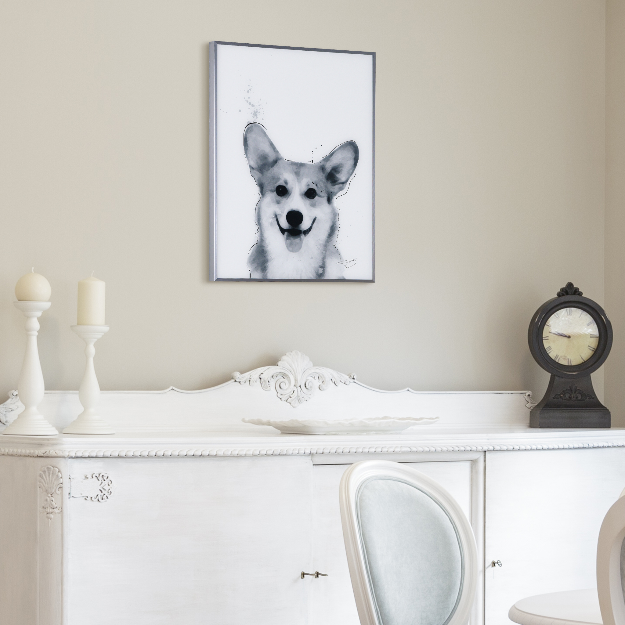 Empire Art Direct Corgi Black and White Pet Paintings on Reverse Printed Glass Framed Dog Wall Art, 24" x 18" x 1", Ready to Hang