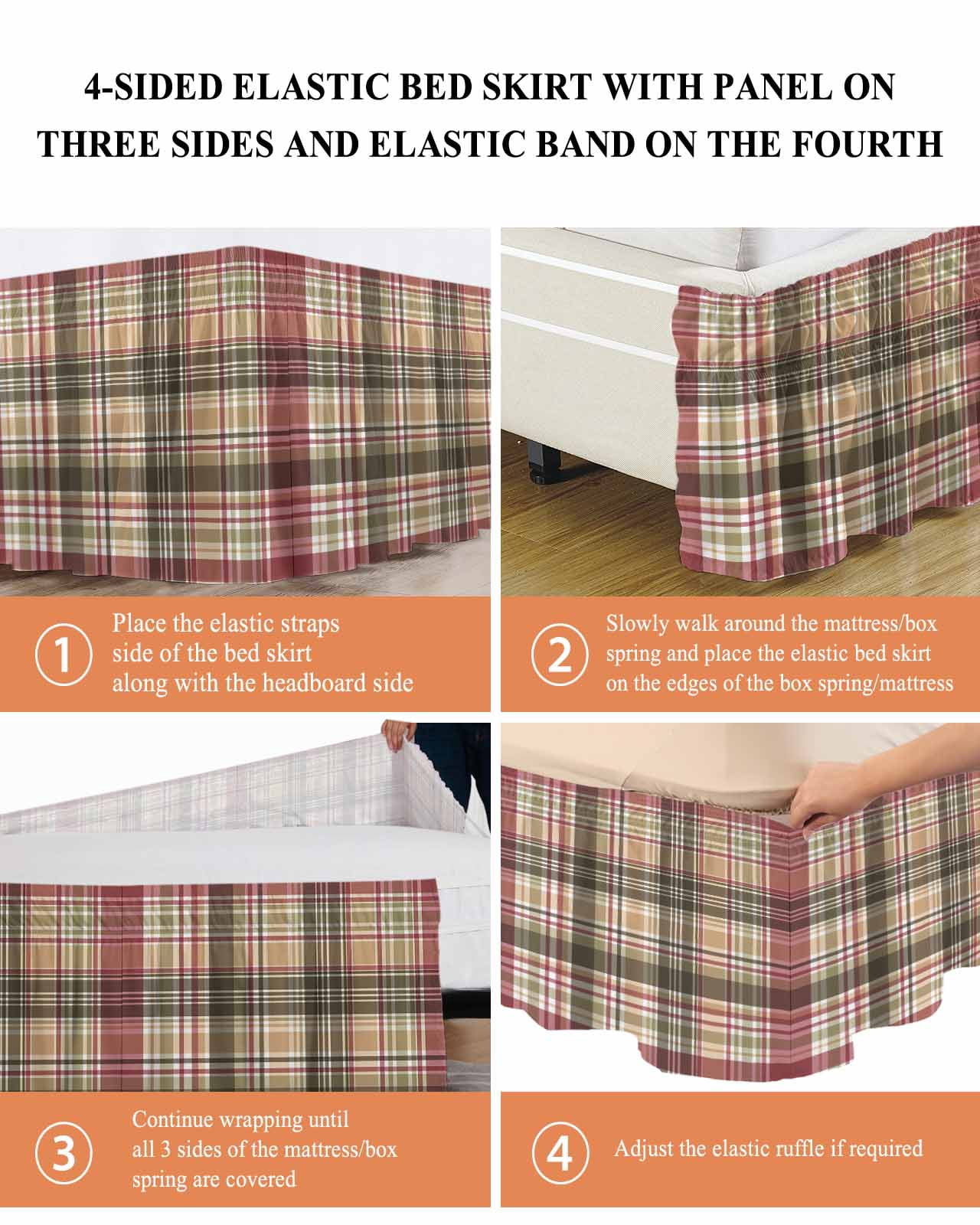 Buffalo Plaid Wrap Around Bed Skirts for Queen Bed 18" Drop,Bed Skirt with Adjustable Elastic Belt Dust Ruffle Bed Valance for Bedroom Hotel Luxury Modern Farmhouse Colorful Checkered Bed Frame Cover