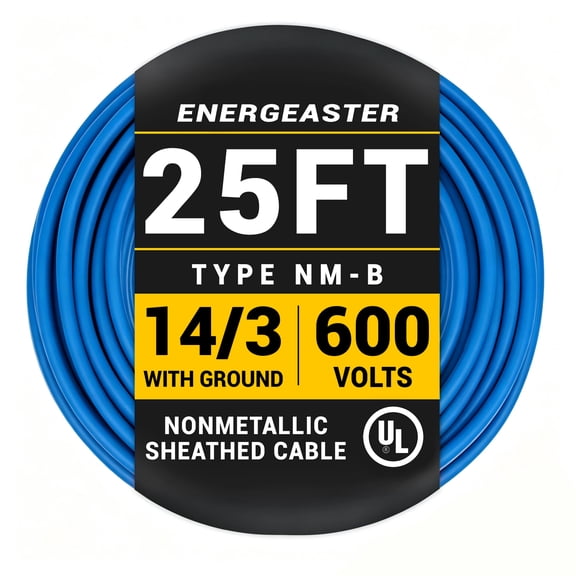 Energeaster 14/3 NM-B Blue Cu Electrical Wire, 25 ft Length 600V with Ground, UL Listed, Heavy-Duty PVC Insulated Cable for Residential Indoor Wiring