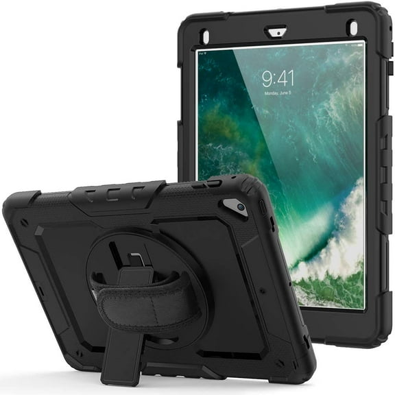 Timoom iPad 6th/5th Generation Case [Full-Body] & [Shock Proof] Hybrid Armor Protective Case with 360 Rotating Stand & Strap for iPad 9.7 2017 2018 / iPad Air 2 / iPad Pro 9.7 - Black