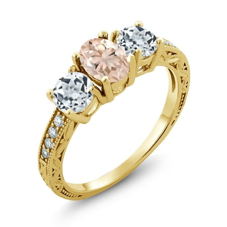 Peach Gemstone - Gem Stone King 1.77 Ct Oval Peach Morganite White Topaz 18K Yellow Gold Plated Silver Ring