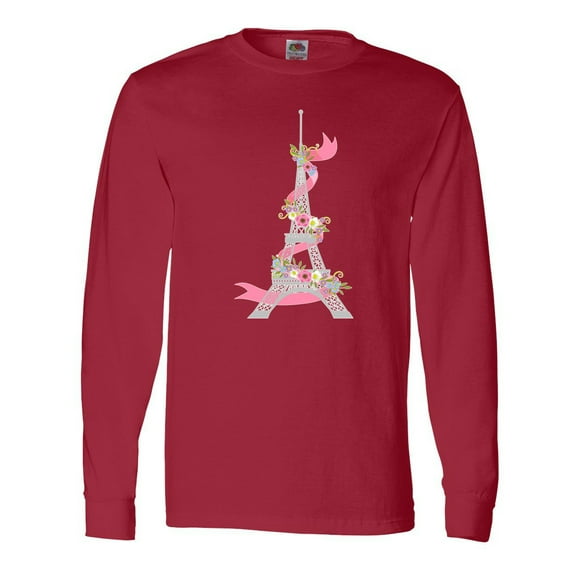 Inktastic Eiffel Tower in Paris with Flowers and Pink Banner Long Sleeve T-Shirt