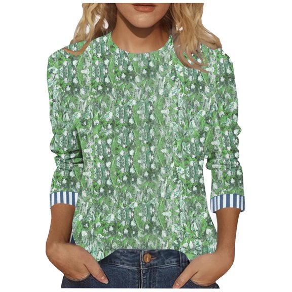 wdsxpo Shirts for Womens 3/4 Sleeve Casual Crewneck Shirts Printed Basic T-Shirts Dressy Tunic Business Work Shirts Fall Fashion Tops