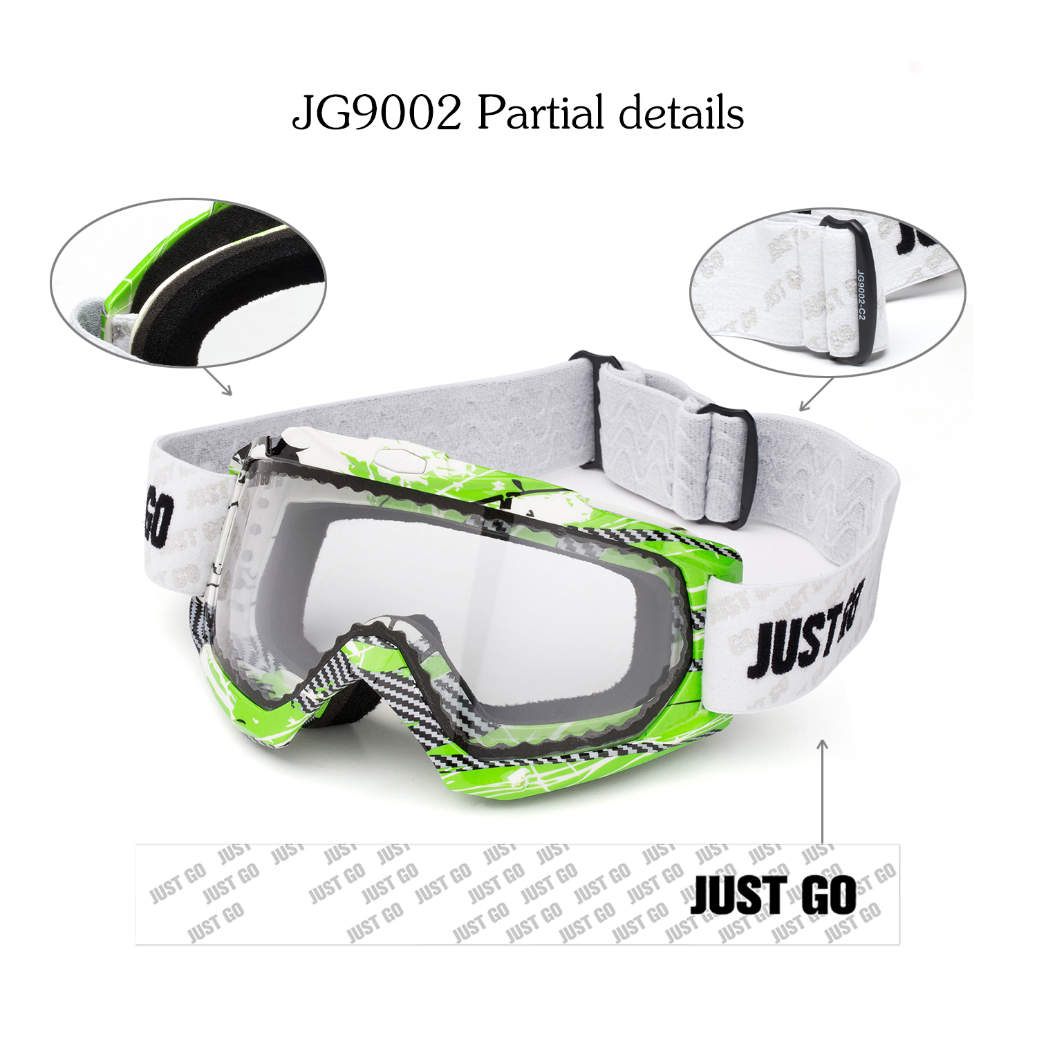JUST GO Ski Goggles for Skiing Motorcycling and Winter Sports Dual-Layer Anti-Fog 100% UV Protection lens Snowboard Goggles fit Men, Women and Youth, Green and White Frame/ Clear Lens (VLT 81.2%) - image 5 of 9