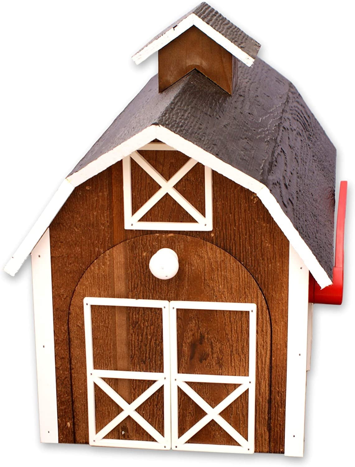 Amish-Made Deluxe Wooden Mailbox, Dutch Barn Style Chestnut with White Trim