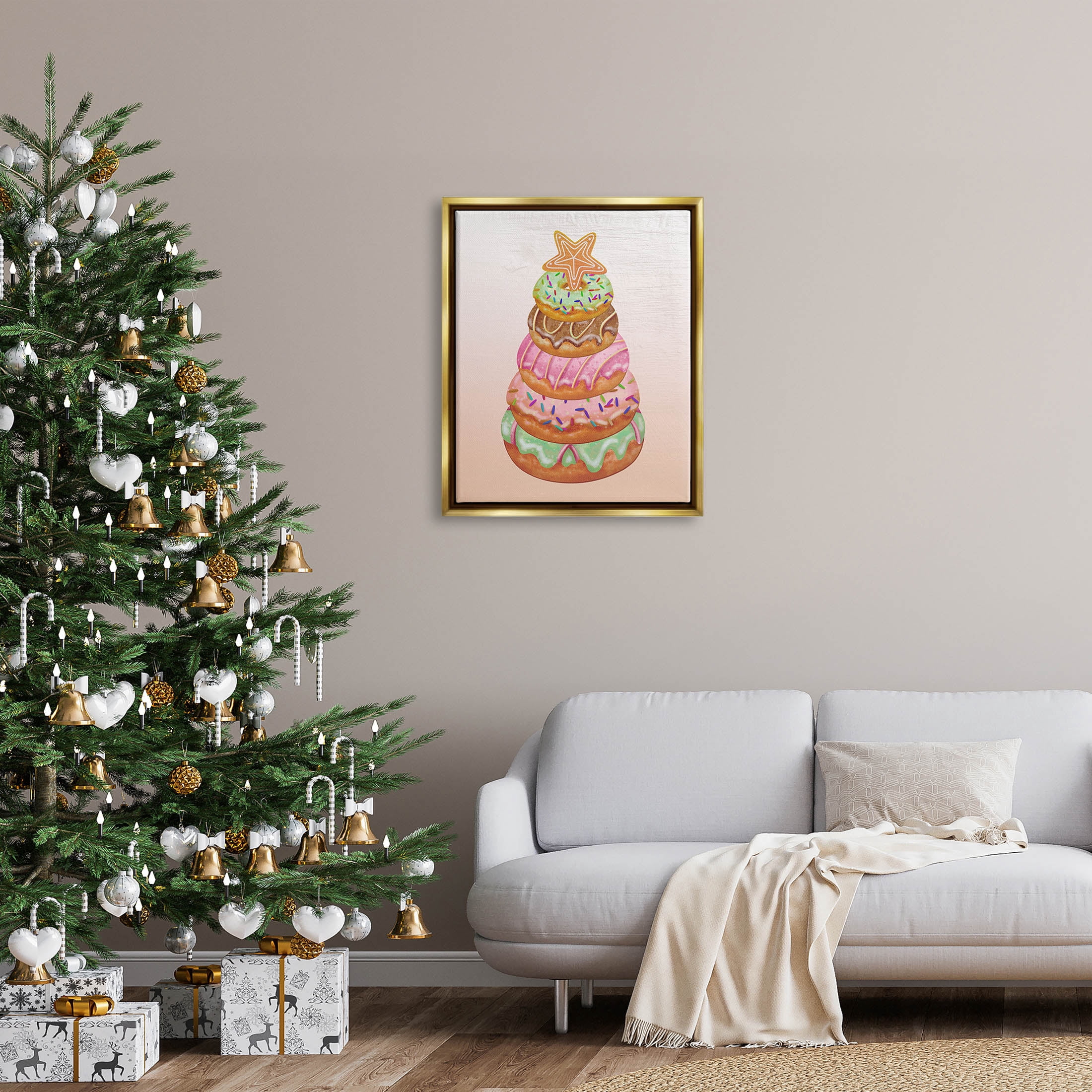 Seasonal Sweets Stacked Donuts Holiday Graphic Art Metallic Gold Framed Art Print Wall Art