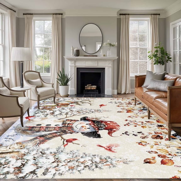 5'x7' Area Rugs for Living Room Bedroom, Rustic Christmas Snowman Washable Rug Carpet Runner Indoor Outdoor, Xmas Snowflake Eucalyptus Leaves Non Slip Floor Mats Area Rug for Kitchen, Nursery