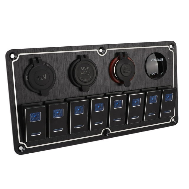 Panel de interruptor basculante de 8 bandas, 12 a 24V, 2 LED azules con pegatina DIY, 5 pines, resistente al agua para coches, casas rodantes, yates, barcos
