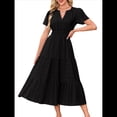 thumbnail image 3 of Vestido Bohemio Informal de Verano para Mujer, Ligero, de Corta, Cuello en V, Cintura Elástica y Bolsillos. Negro XL, 3 of 8