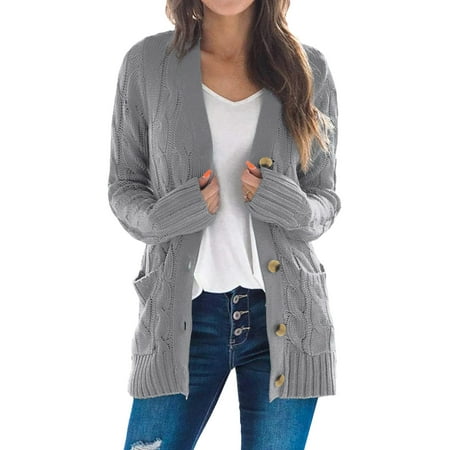 Dokotoo Womens Gray Chunky Cable Knit Casual Cardigan Solid Color Button Down Open Front Loose Sweater Outwear Size Large US 12-14
