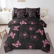 jejeloiu Butterfly 7-Piece Twin Bedding Sets,Rustic Flower Floral Bedding Comforter Set,Pink Dandelion Sheet Sets For Girls,Breathable Home Decor Reversible