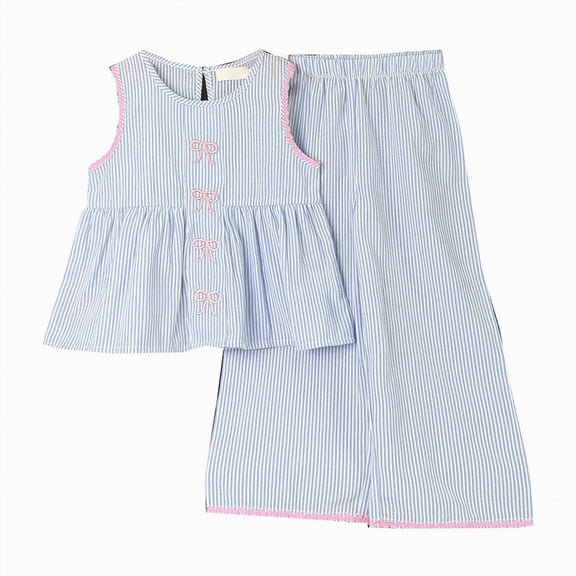 Ccpelsie Kid Girls Clothes Outfits Cute Sweet Bowknot Print T-Shirt and Bowknot Denim Short Summer Clothing Set(Blue,4-5 Years)