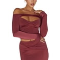 thumbnail image 2 of Women's Summer Slash Neck Crop Streetwear Bodycon Tops Solid Sexy Long Sleeve Design Off Shoulder Hollow T-shirt, 2 of 9