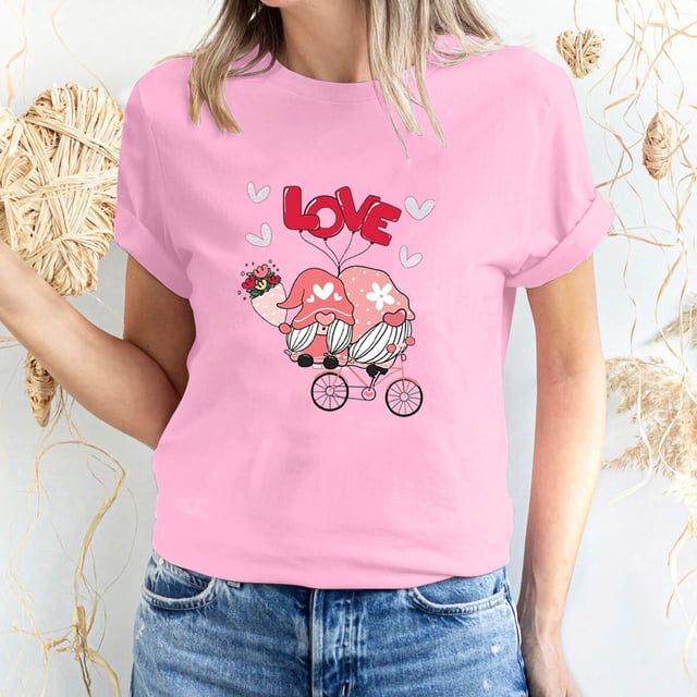 Meichang Hauts de Vacances pour Femmes Valentines Day T-Shirt Mignon Cœur Graphique T-Shirts Mignons Hauts de Vacances T-Shirts Manches Courtes Col Rond Mode 2025