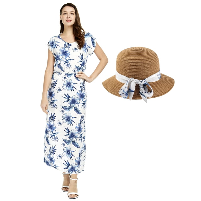 Robe Maxi Simple à Manches Courtes Hawaïenne pour Femmes m et Chapeau Assorti Day Dream Bloom