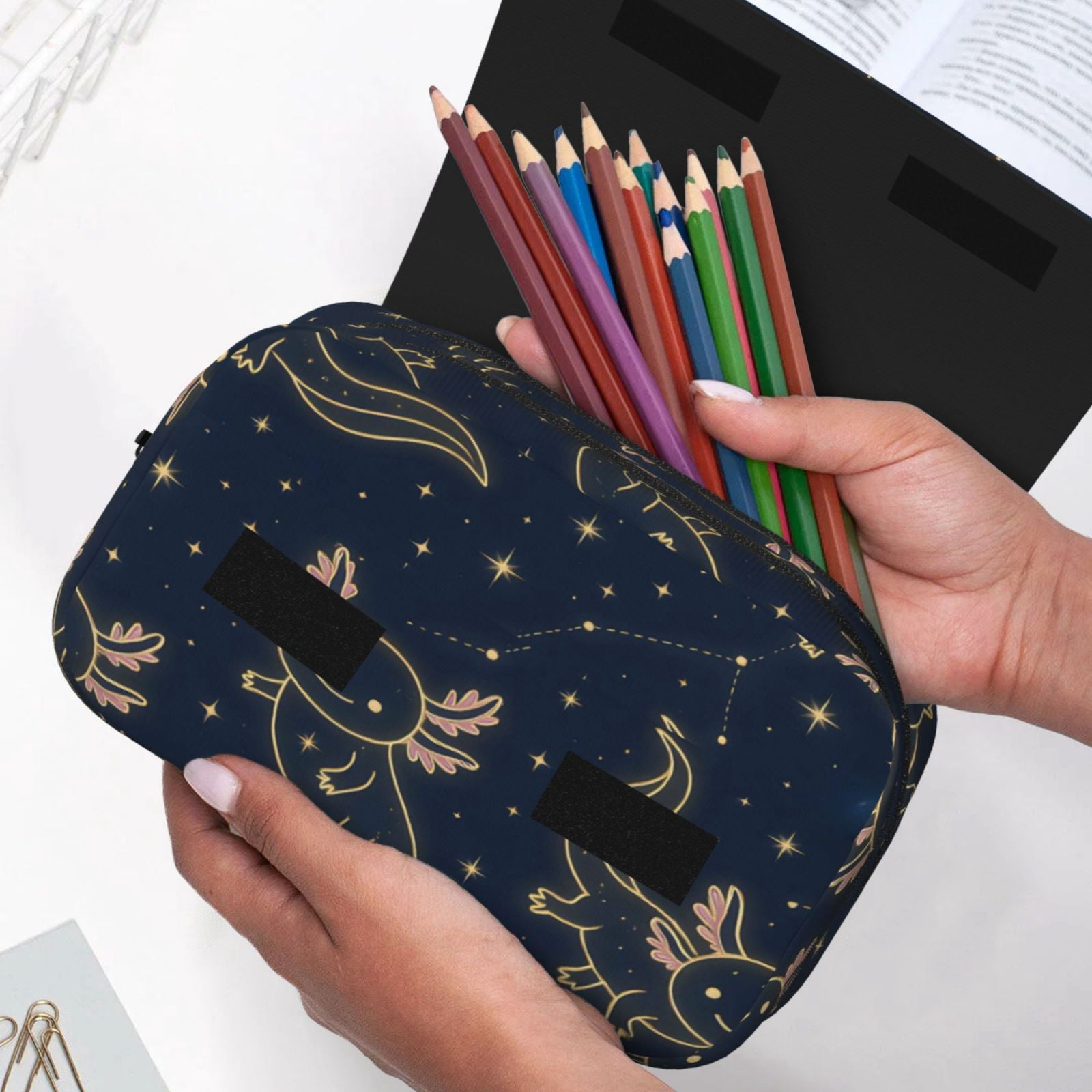 Large-Capacity Flip-Top Double-Layer Pencil Case, Multi-Functional Pocket Pen Case, Durable Stationery Organizer Axolotl Constellations - Deep-Space Cute