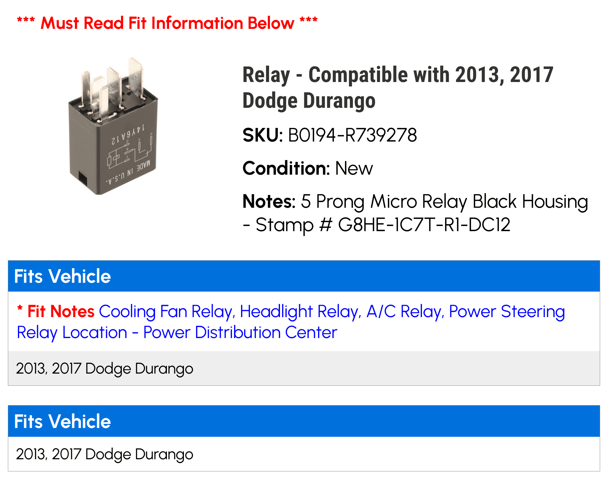 Relay - Compatible with 2013, 2017 Dodge Durango