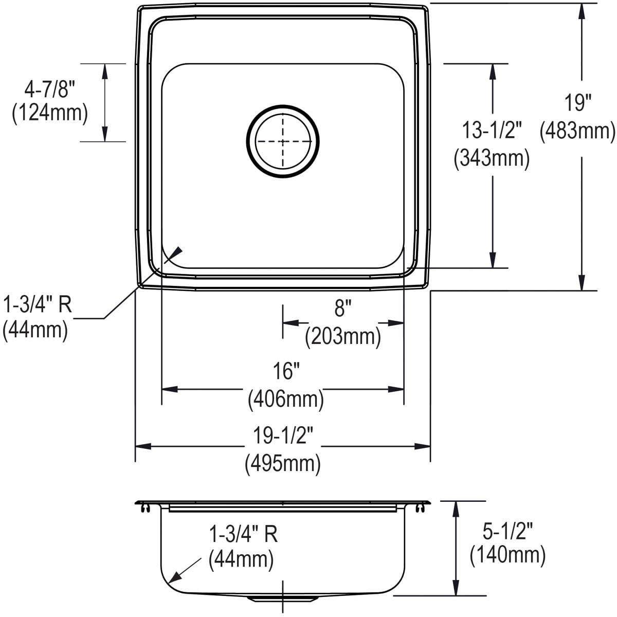 Elkay LRAD1919553 Lustertone Stainless Steel 19-1/2" x 19" x 5-1/2", Single Bowl Top Mount ADA Sink Lustertone