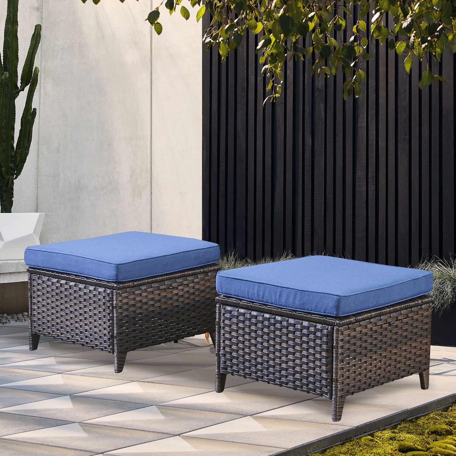 PARKWELL 2PCS Outdoor Wicker Ottoman Patio Rattan Furniture Metal