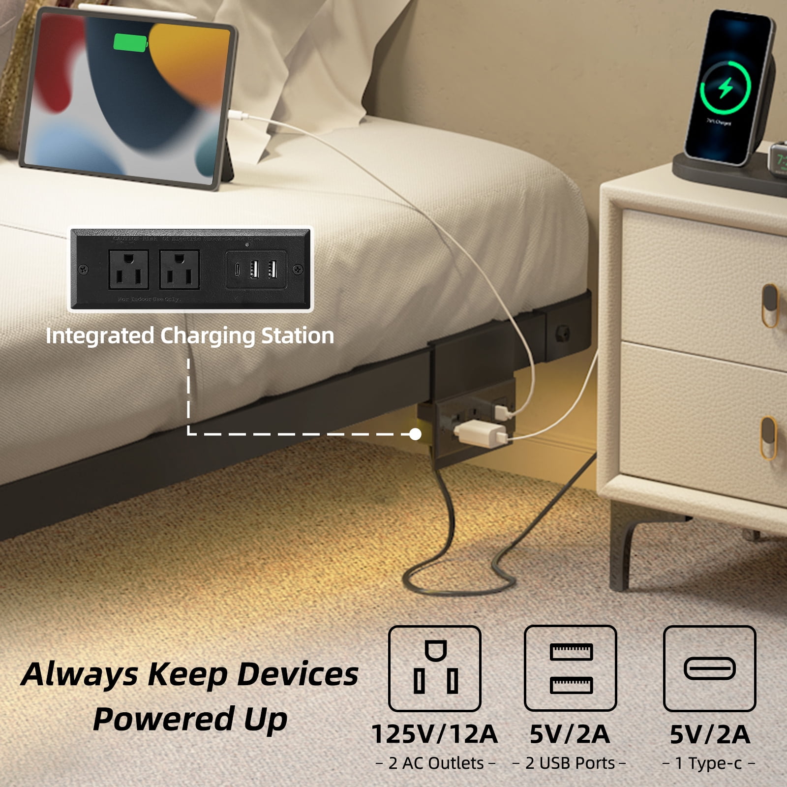Fairy Twin Bed Frame with Charging Station, LED Lights, Heavy-Duty Metal Platform, Black