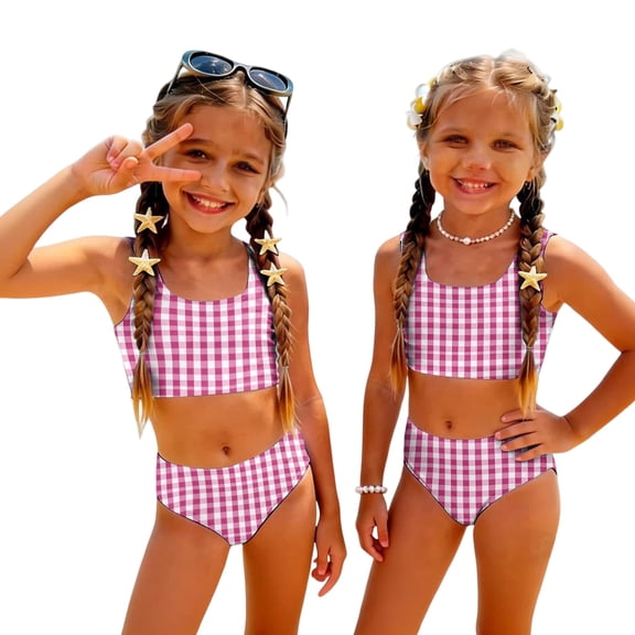 CCRFTGI Swimsuits for Child Girls Size 6-7 Two Piece Sets Swimming Bathing Suits Beach Holiday Plaid Bikinis Summer Cute Girls Fashion Swim Suit Kids Bikini Hot Pink 2-3 Years