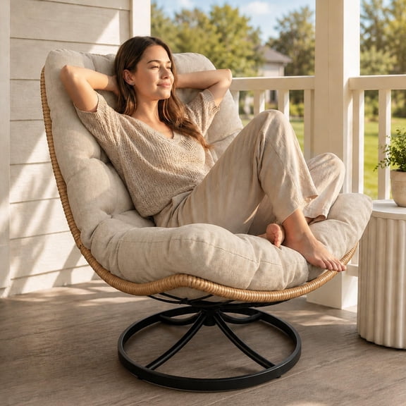 Outdoor Wicker Swivel Chair, 360 Degree Rotating Patio Lounge Chair, Comfy Rattan Papasan Chair With Thick Cushion, Oversized Egg Chair With Stable Steel Base For Balcony Porch Lawn, Beige