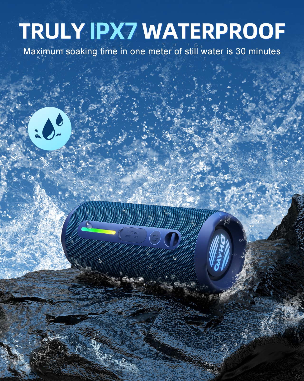 Portable Bluetooth Speaker, 24W Stereo Sound, IPX7 Waterproof, Bluetooth 5.3, RGB Lights, Dual Pairing, 30H Playtime for Outdoor Home Party