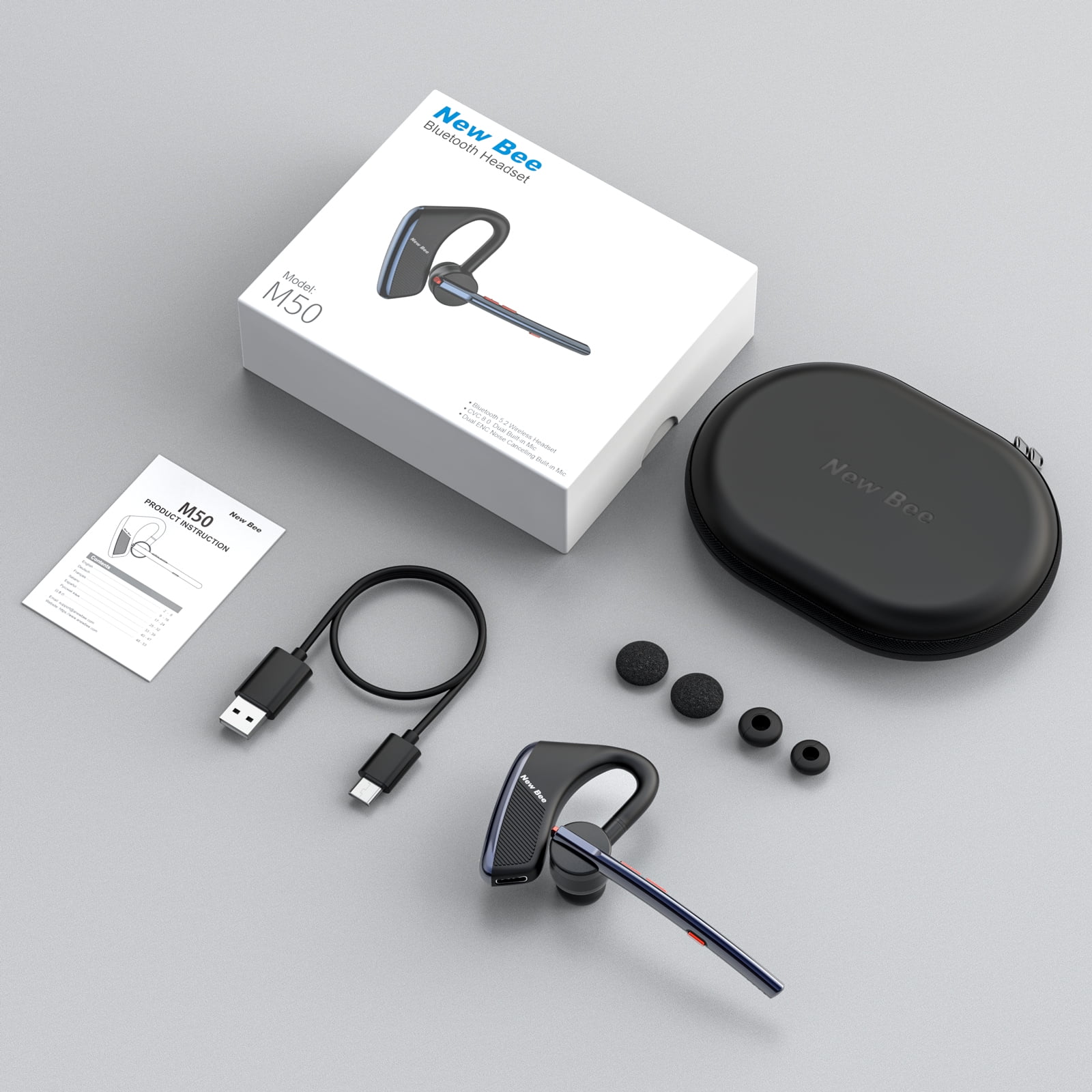 New bee Bluetooth Earpiece V5.2 Wireless Headset,24H Talk/180Days Standby,ENC Dual Mic Noise Cancelling,270°Rotatable Mic,Left/Right Ear Compatible for Work/Driver/Business/iPhone/Android,Dark Blue
