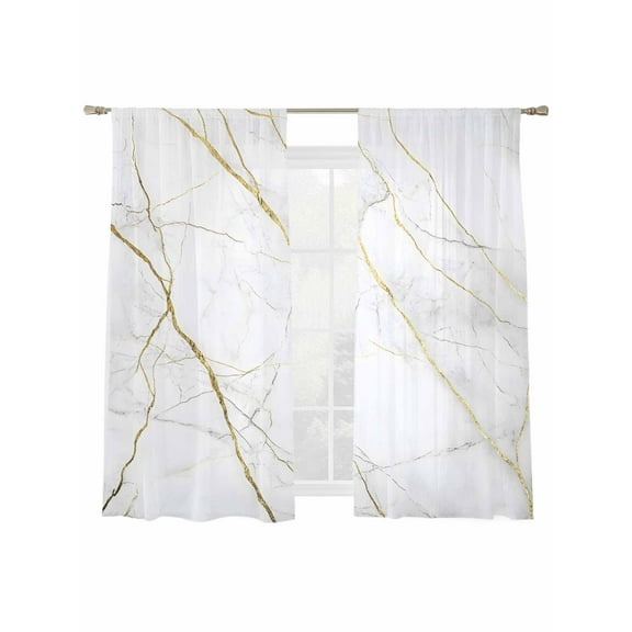 White Gold Marble Sheer Curtains 72 Inch Length 2 Panels Set, Semi Transparent Voile Rod Pocket Curtains for Living Dining Room Bedroom Drapes Modern Farmhouse Abstract Patterned
