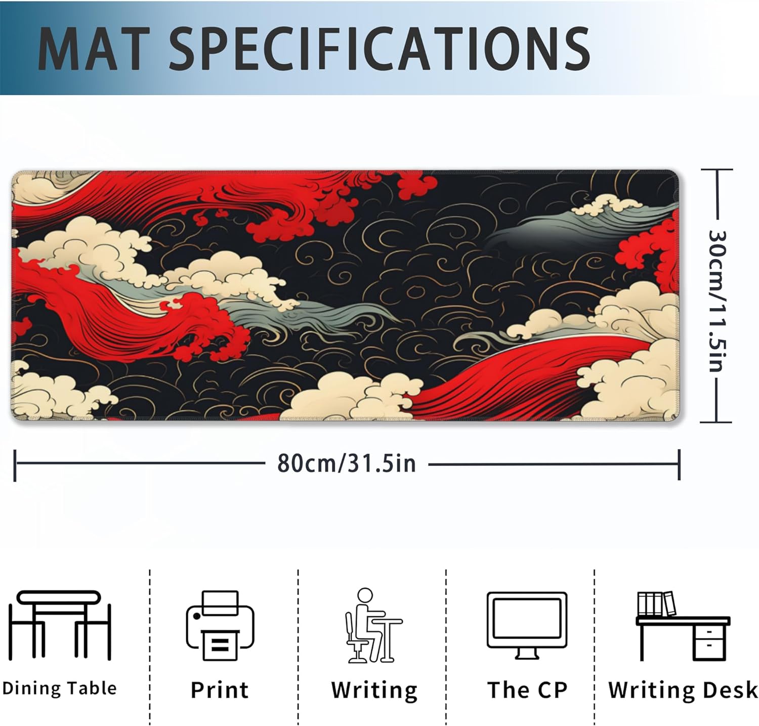 Gaming Mouse Pad, Japanese Sea Waves Extended Mouse Pad Gaming Large, Big Desk Mat with Non-Slip Base and Stitched Edge, Long Computer Keyboard Mouse Mat for Home Office Work 31.5"x11.8"