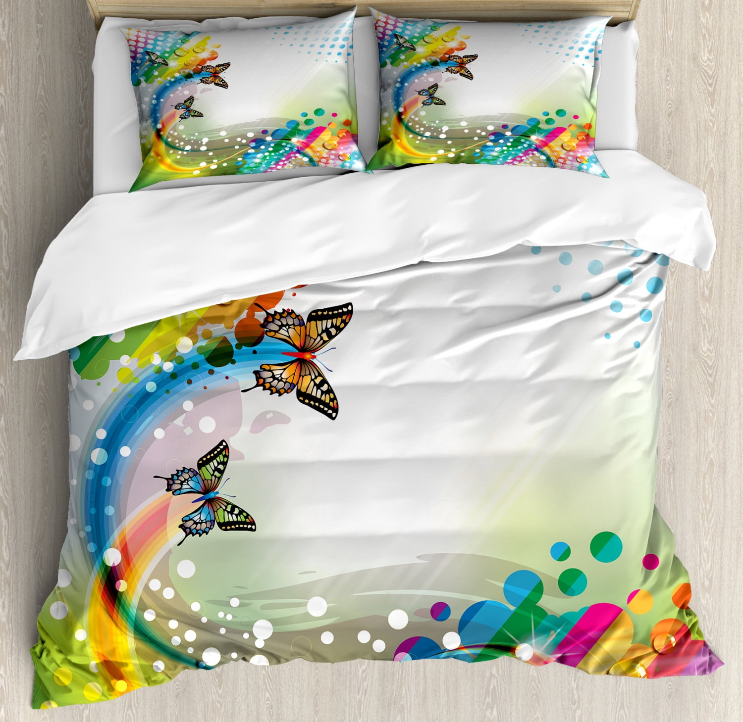 Colorful Duvet Cover Set, Trippy Flying Butterflies with Colored Comet
