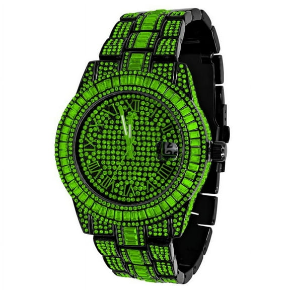 Roman Numberal Dial 18K Black W/ Green CZ Gold Finish Baguette/Round Cut Simulated Diamond 5 ATM Water Resistant Steel Back Men's Watch W/Date Function 45mm