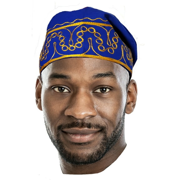 Blue African Kufi Hat with Gold Embroidery