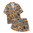 thumbnail image 4 of oqasdz Womens Halloween Pajamas Ghost Pumpkin Printed Silk Short Sleeve Button Down 2 Piece Loungewear Set Sleepwear, L, 4 of 7