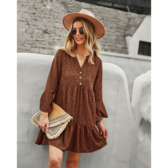V Neck Long Sleeve Button Detail Dotted Print Dress for Women