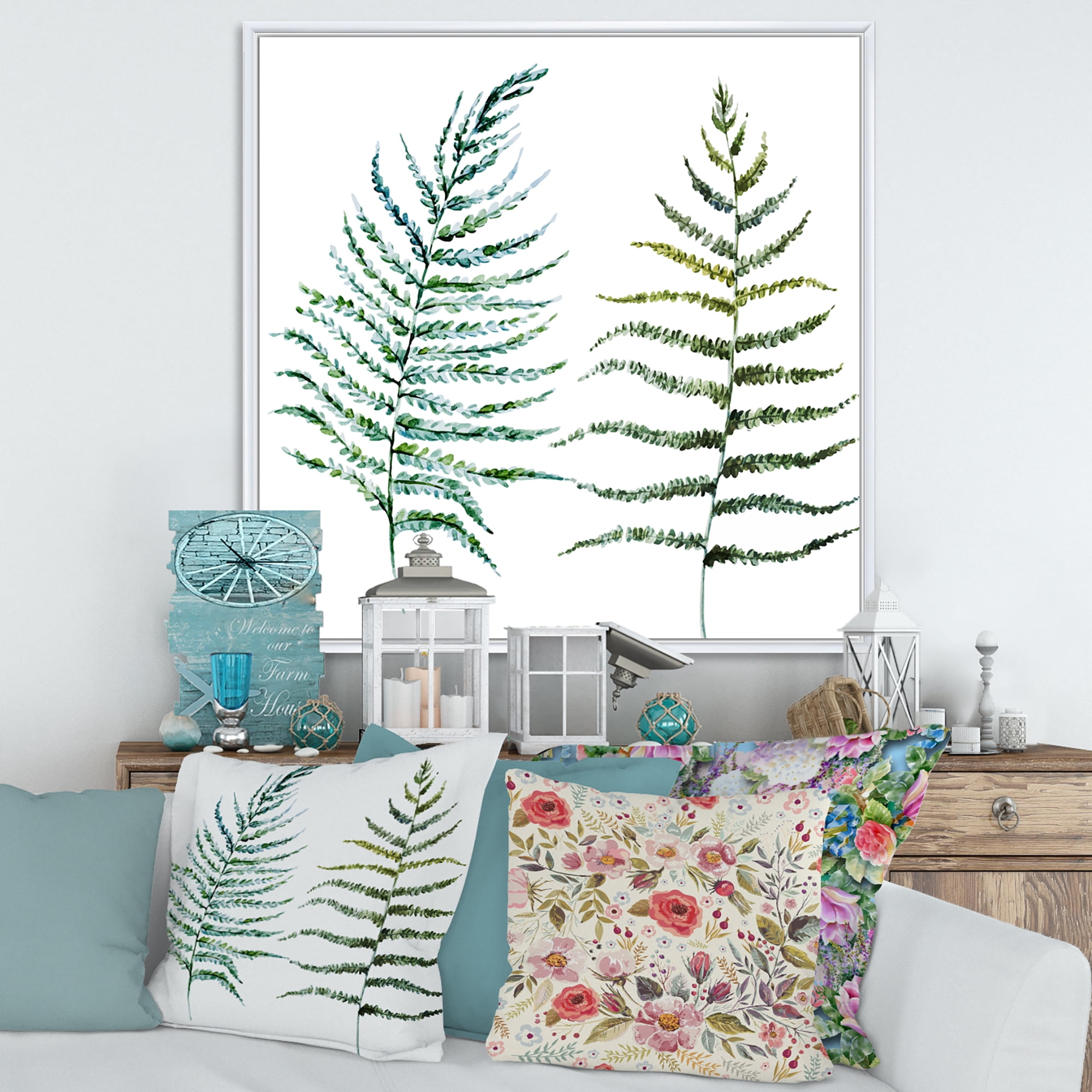 Designart 'Two Fern Leaves On White' Farmhouse Framed Canvas Wall Art Print