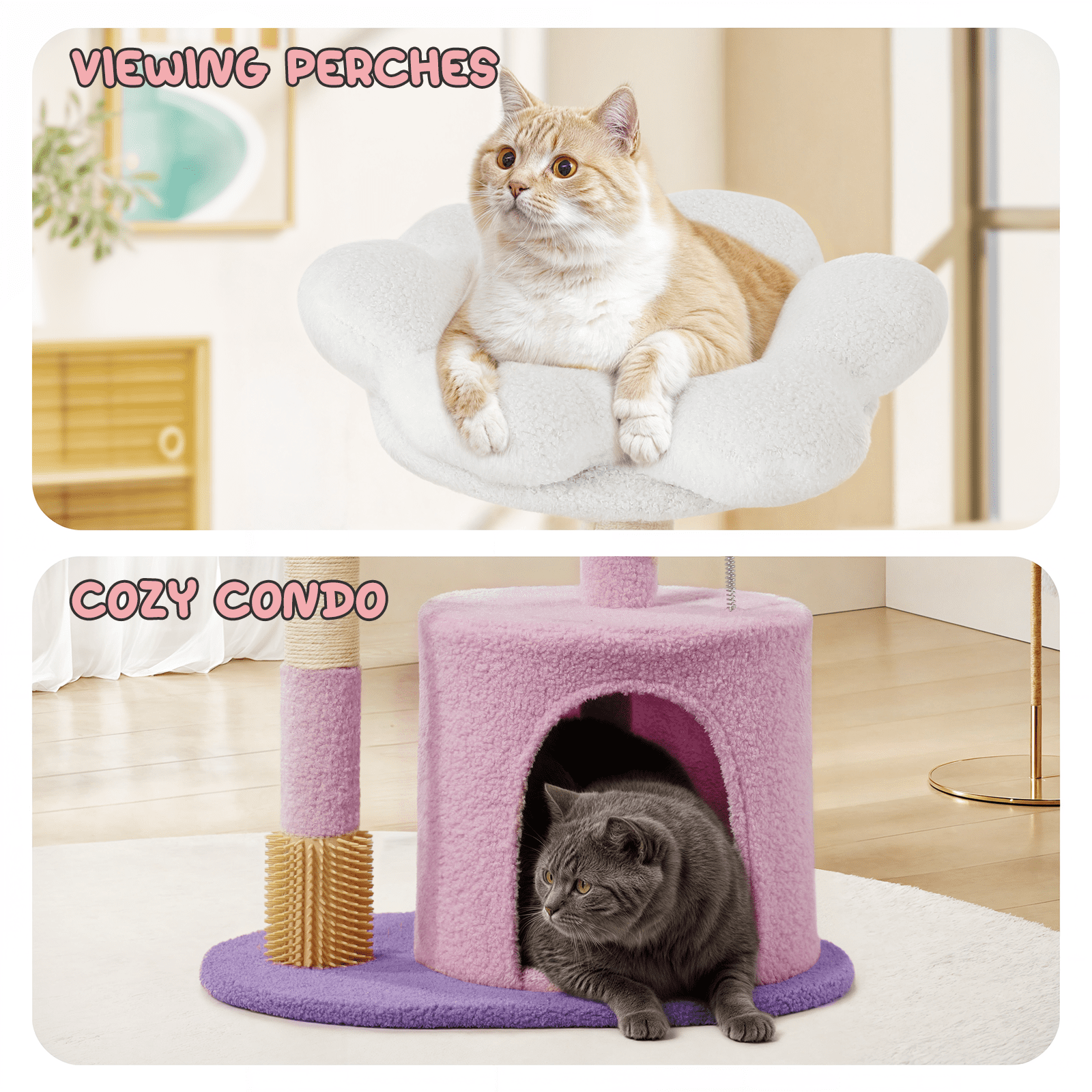 MoNiBloom 33" Flower Cat Tree for Indoor Cats, Compact Cat Tower with Condo, Scratching Posts, Flower Perch & Dangling Toys for Kittens & Small Cats, Cute Cat Furniture Stand, Purple