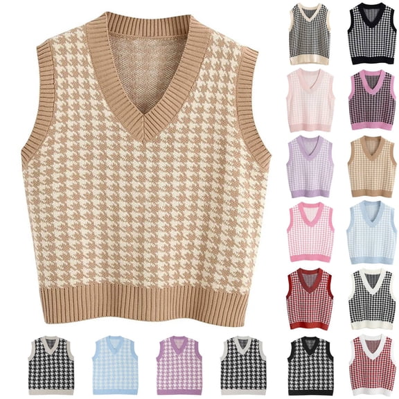 Oversized Sweater Vest Women Casual V-Neck Houndstooth Knit Sweaters 2026 Fall Aesthetic Checkered Work Vests Khaki XL