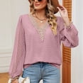 thumbnail image 7 of Scyoekwg Tops for Women Casual Fall Long Sleeve Shirts V-Neck Crochet Lace Trim Elegant Shirts Lightweight Loose Solid Color Fall Clothes Comfy Pullover (Pink,L), 7 of 7