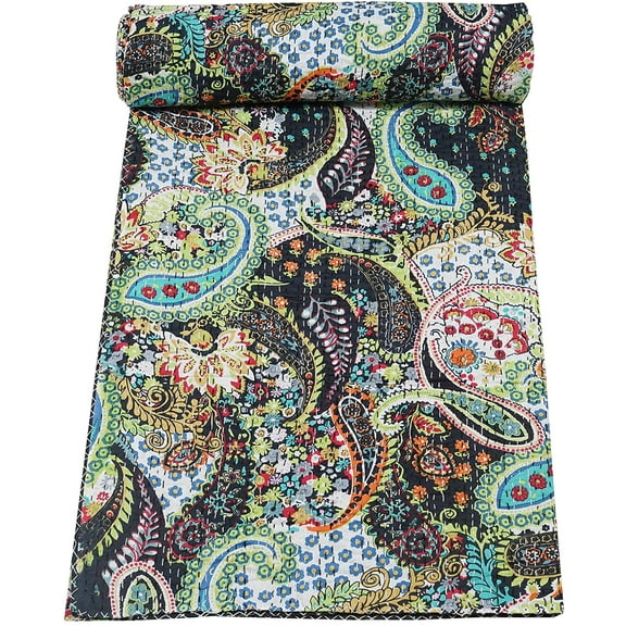 Vintage Handmade Kantha Quilt Indian Traditional Bed Cover Throw Paisley Printed Kantha Quilts (Black Color, Twin 60x90 Inch)