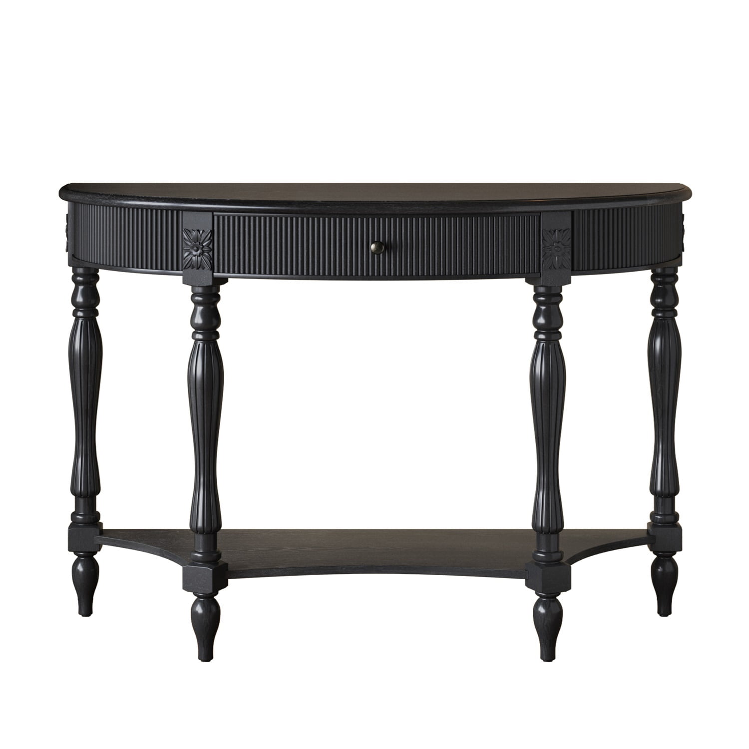 Hommoo Solid Wood Half Moon Console Table with Drawer & Open Shelf, Vintage Fluted Entryway Table for Hallway, Foyer, Living Room, Space-Saving Semicircular Accent Furniture, Black