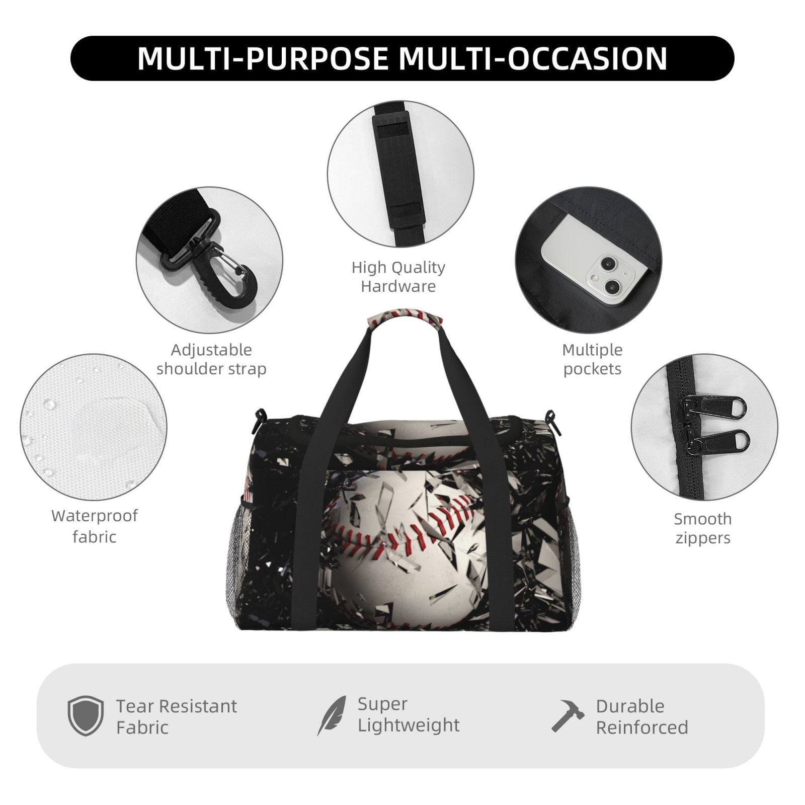 Rateoe Baseball Breaking Glass Pattern Gym Bag for Women, Duffle Bag for Travel with Wet Pocket, Carry on Weekender Bags for Women, Water Resistant Travel Bag Duffel Bag