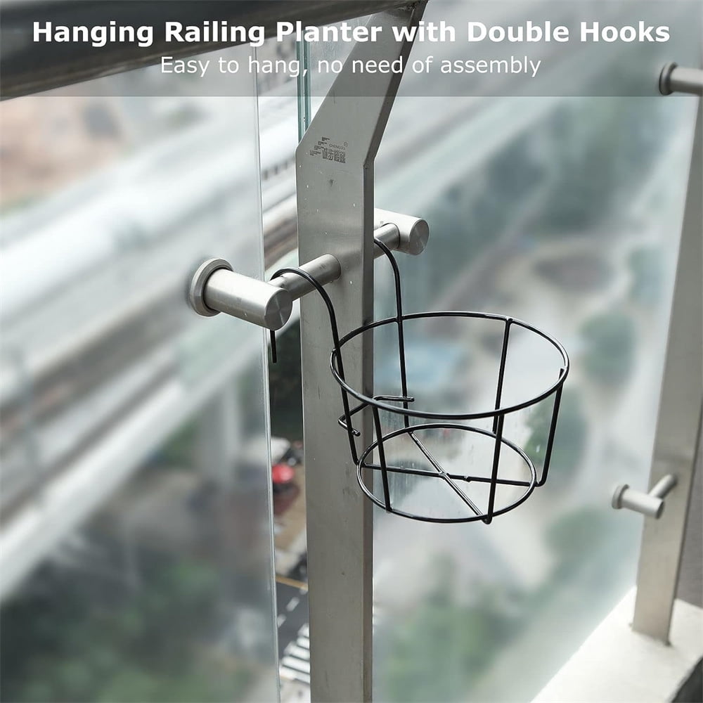 4Pcs Hanging Railing Planter, Flower Hangers for Porch Rail, Deck Railing Plant Hangers, NOGIS Balcony Planters Railing Hanging,Round Plant Baskets Metal Potted Mounted for Indoor Outdoor,Black