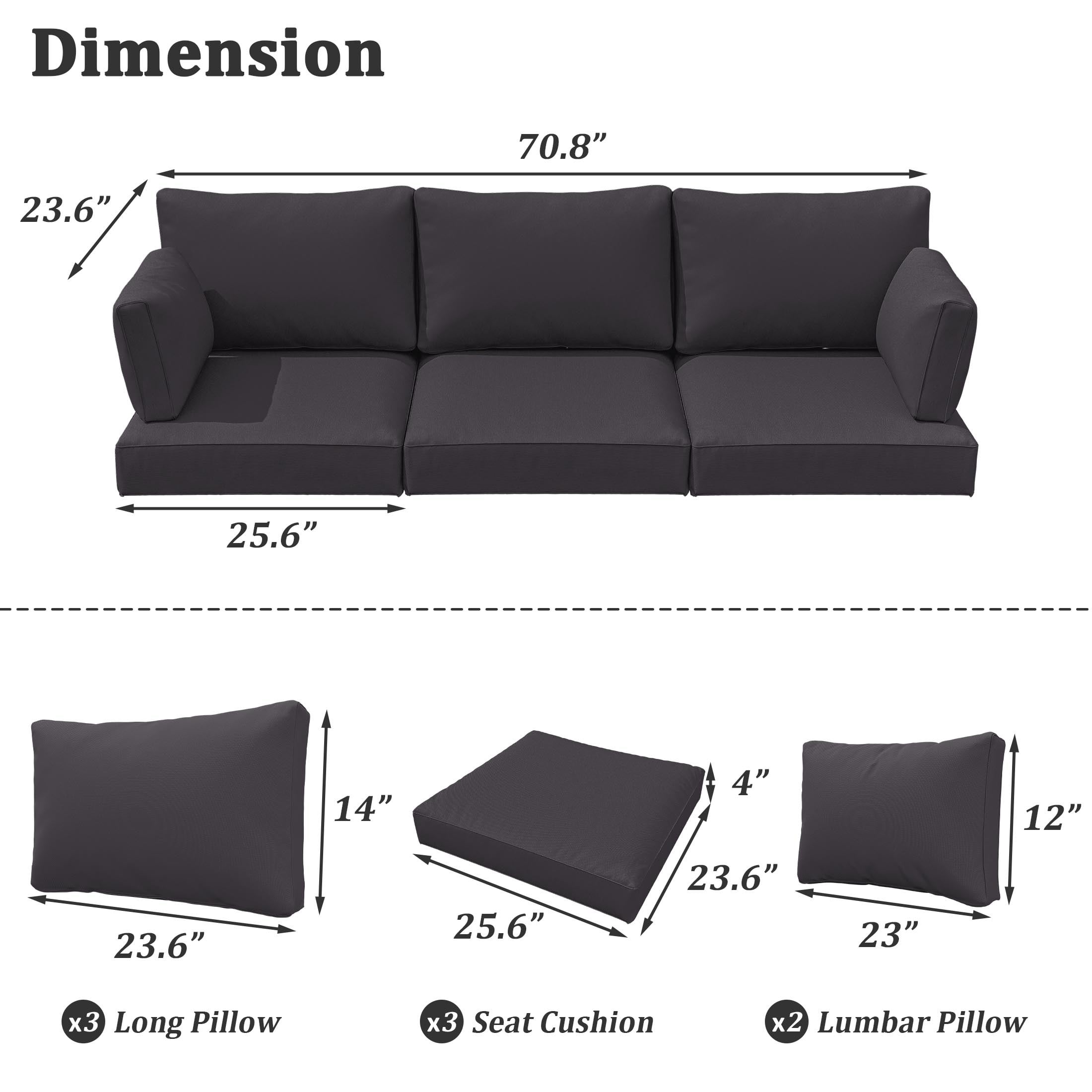 Pakunoda Outdoor Cushions Replacement, 8 Piece Sectional Cushion Fits 3-Seat, 4” Foam Deep Seat, for Patio Rattan Wicker Replacement Cushion, Liner&Cover, Grey