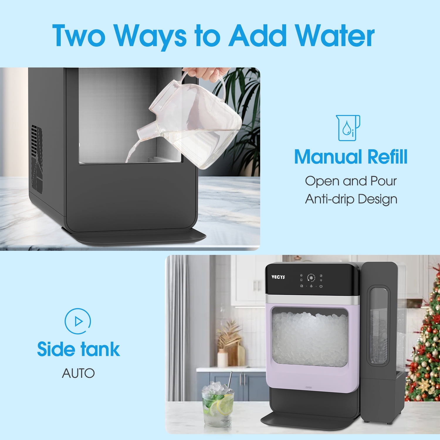 VECYS Nugget Ice Maker with Steel Trim, 33LBS/Day Self-Cleaning