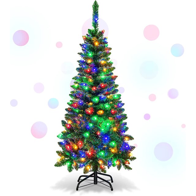 BestComfort 4.5ft Pre-Lit Artificial Pencil Christmas Tree, 150 Multi-Colored LED Lights, 226 PVC Branch Tips, Quick Setup, Hinged Xmas Tree for Home Office Carnival Festival Decoration, CM22073