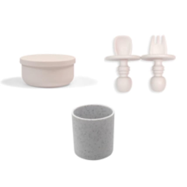Kushies 100 % Silicone Ensemble Repas -- (Contenant en Silicone, Cuillère, Fourchette & Gobelet) – Va au Lave-Vaisselle & au Four à Micro-Ondes - Rose - 6 Mois +