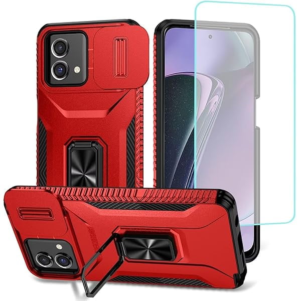 wonima11 Case for Moto G Stylus 2023 5G Case, Motorola G Stylus 5G 2023 with Tempered Glass Screen Protector and Slide Camera Cover, Rotated Ring Holder Cover for Motorola Moto G Stylus 5G 2023 Red