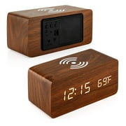 Wooden Alarm Clock Phone Wireless Charger Wood Time LED Digital Time Date Reminder Bedroom Desk Night Light, Brown Wood