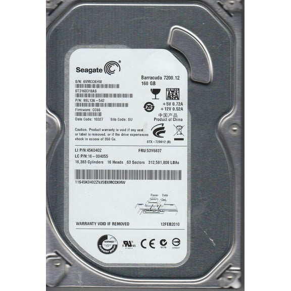 ST3160318AS, 6VM, SU, PN 9SL13A-542, FW CC66, Seagate 160GB SATA 3.5 Hard Drive